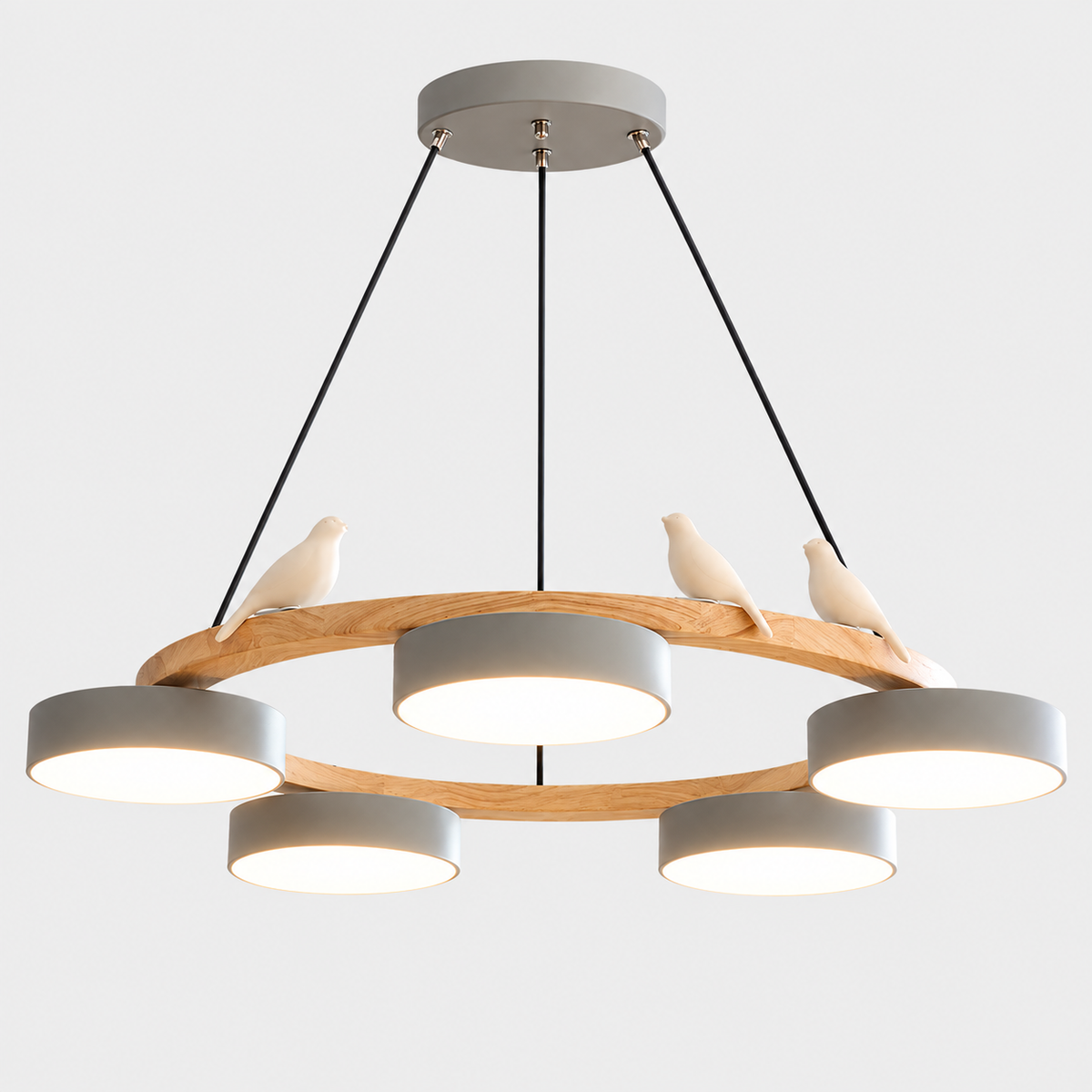 Lustre Suspendu Oiseaux en Anneau Gris – 5 Lumières