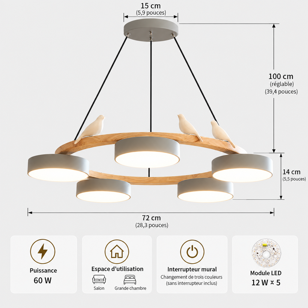 Lustre Suspendu Oiseaux en Anneau Gris – 5 Lumières