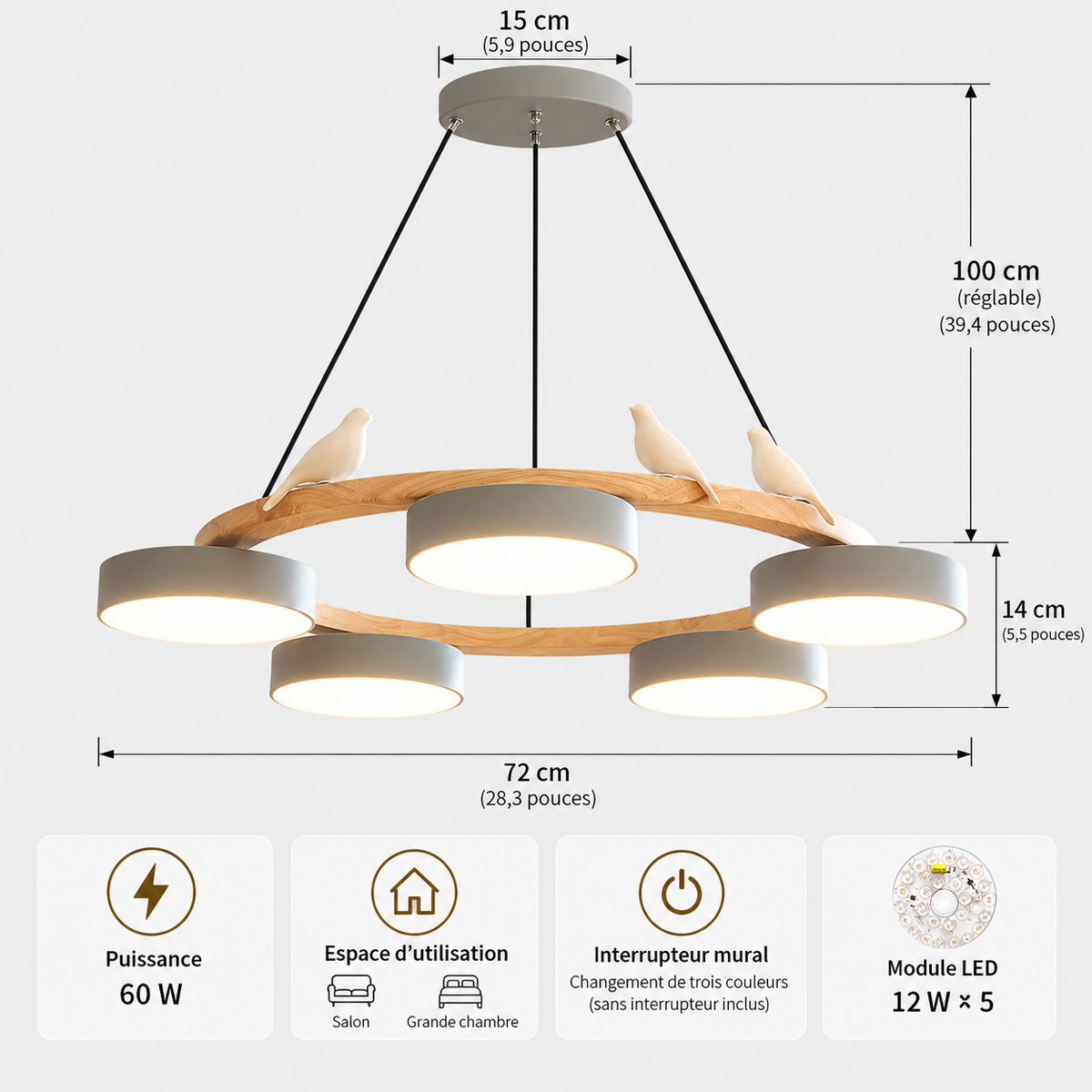 Lustre Suspendu Oiseaux en Anneau Gris – 5 Lumières