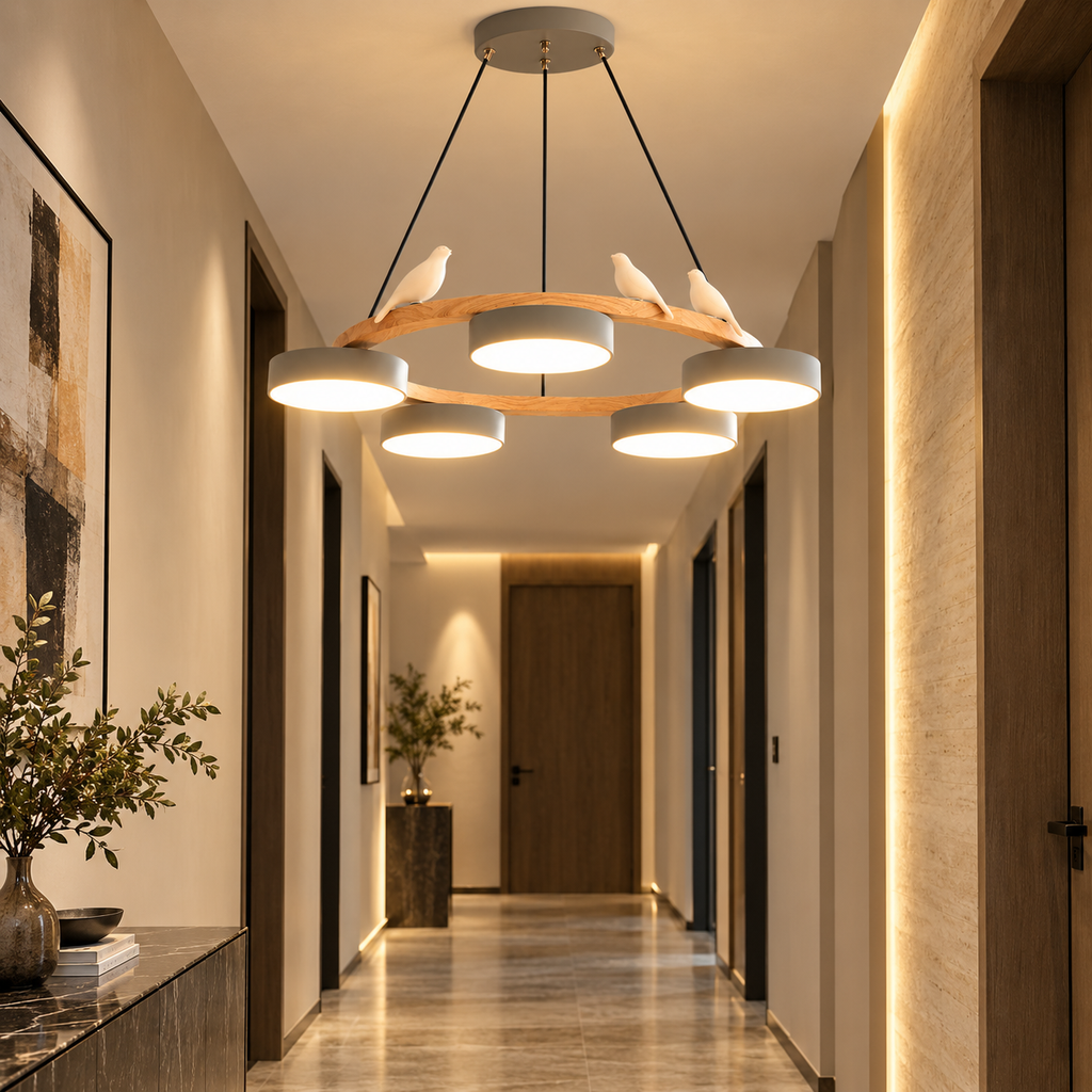 Lustre Suspendu Oiseaux en Anneau Gris – 5 Lumières
