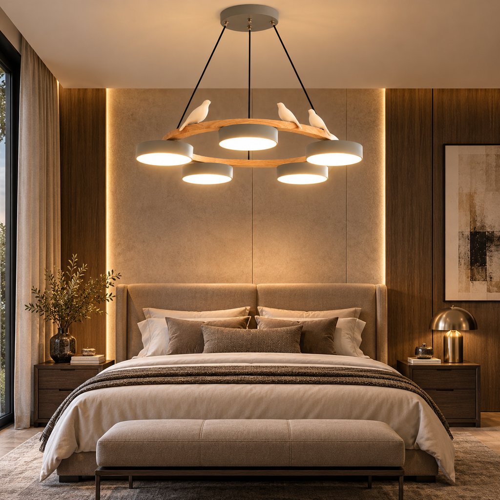 Lustre Suspendu Oiseaux en Anneau Gris – 5 Lumières