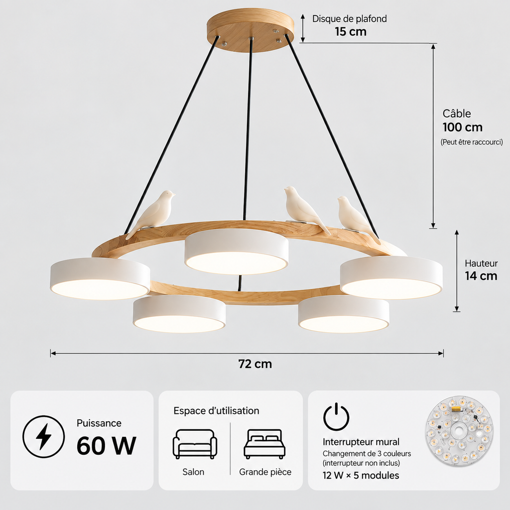 Lustre Suspendu Oiseaux en Anneau Blanc – 5 Lumières