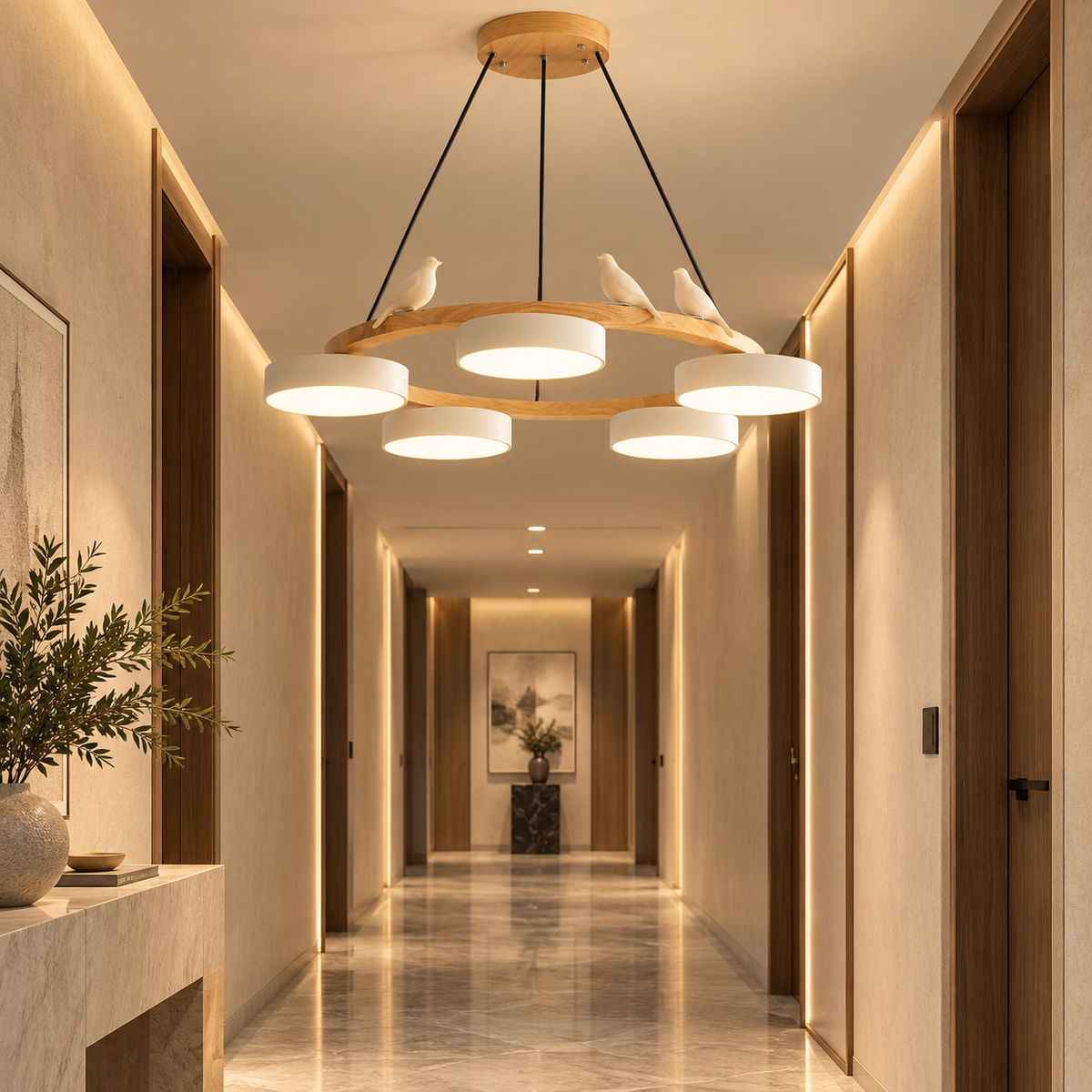 Lustre Suspendu Oiseaux en Anneau Blanc – 5 Lumières