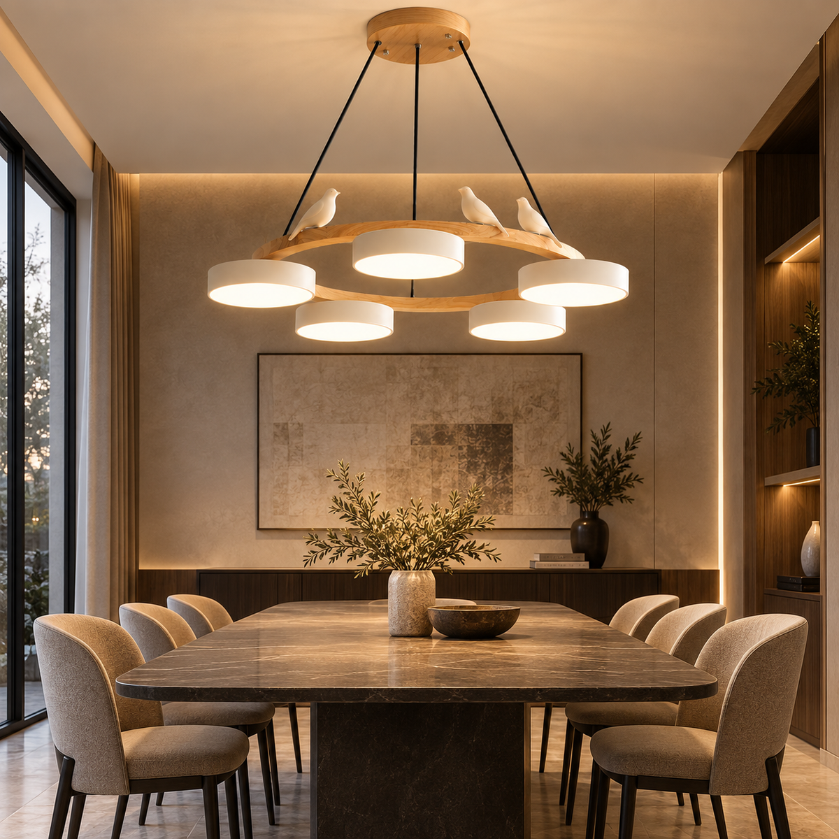 Lustre Suspendu Oiseaux en Anneau Blanc – 5 Lumières