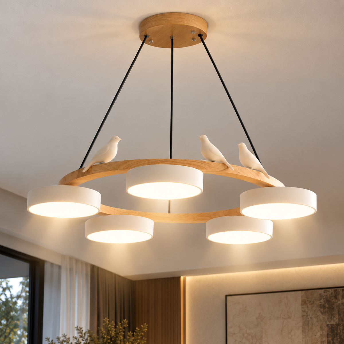 Lustre Suspendu Oiseaux en Anneau Blanc – 5 Lumières