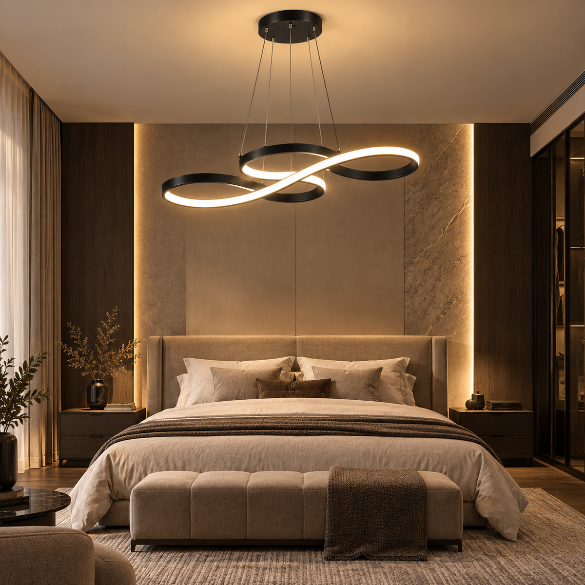 Lustre Suspendu LED Noir à Boucles – 75 ou 92 cm
