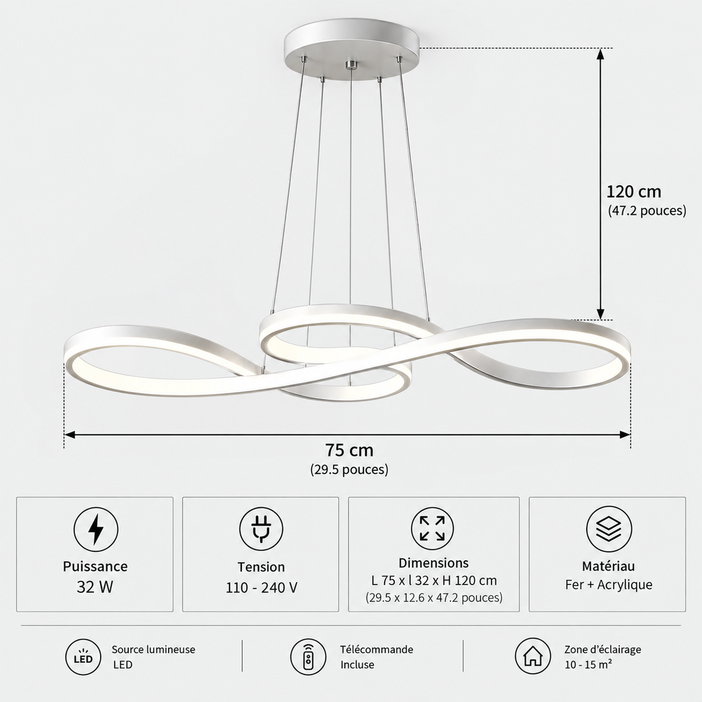 Lustre Suspendu LED Argent à Boucles – 75 ou 92 cm