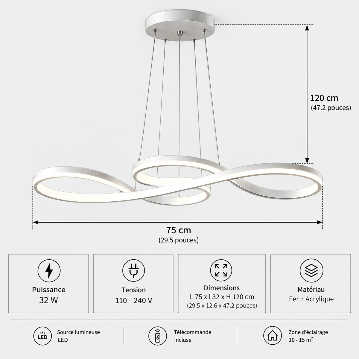 Lustre Suspendu LED Argent à Boucles – 75 ou 92 cm