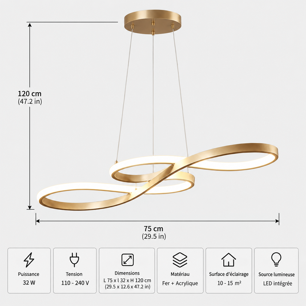 Lustre Suspendu LED Doré à Boucles – 75 ou 92 cm