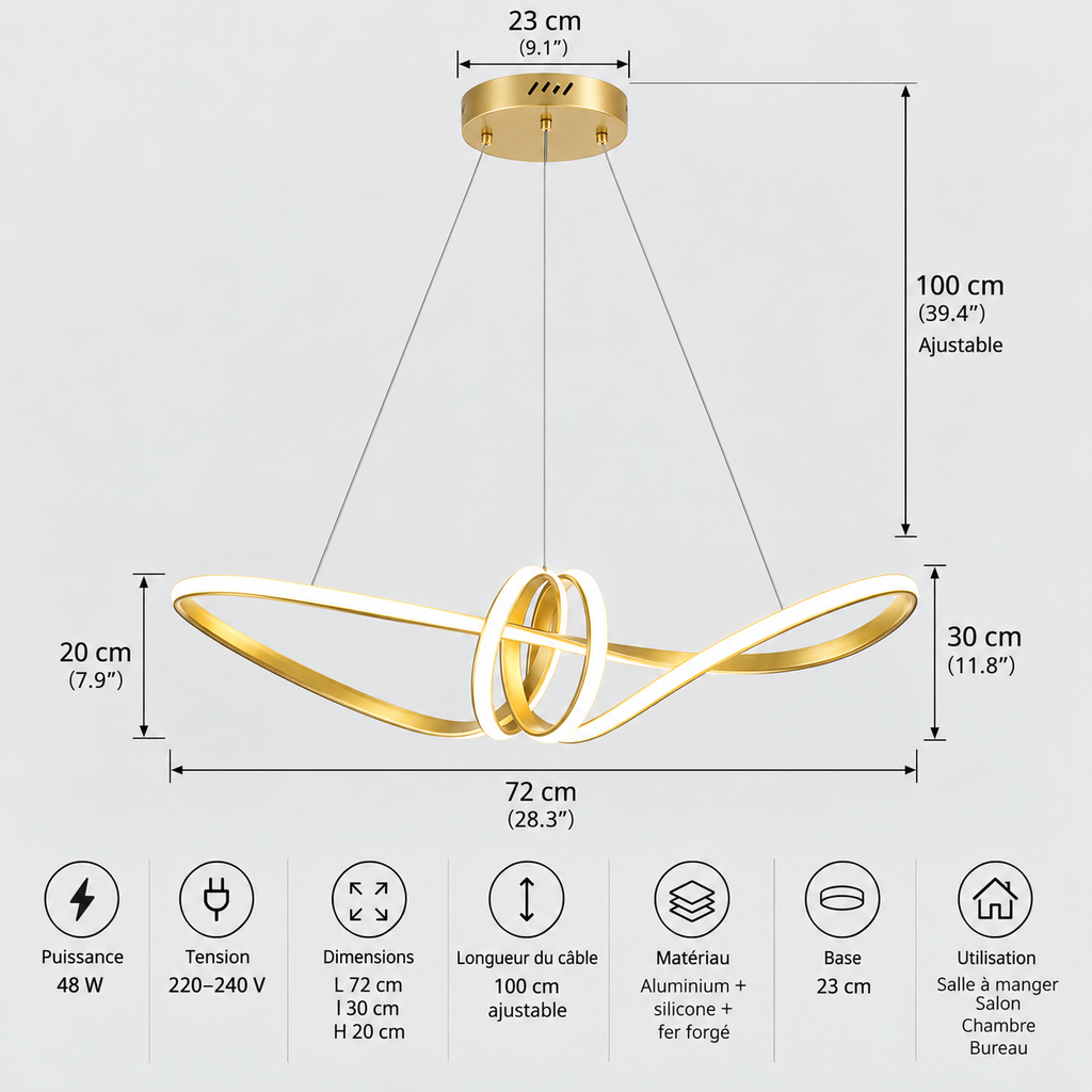Lustre Suspendu LED Doré à Nœud – 70 cm