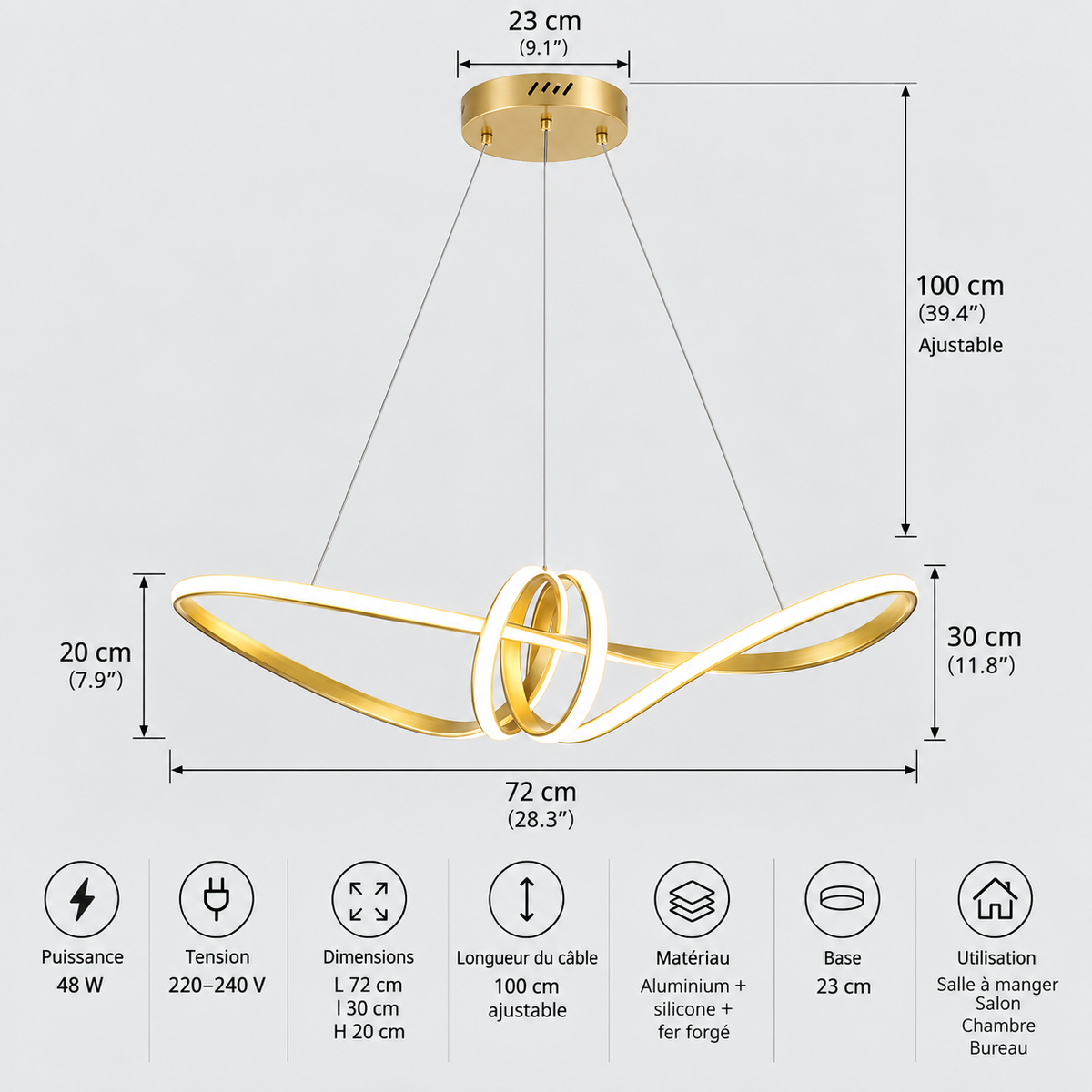 Lustre Suspendu LED Doré à Nœud – 70 cm