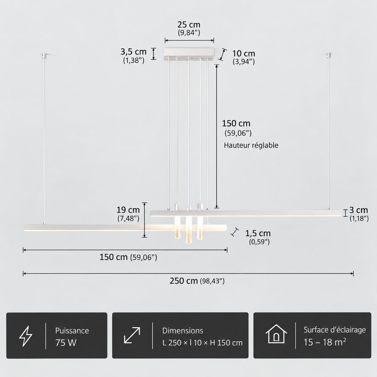 Lustre Linéaire LED Blanc – 120 à 250 cm