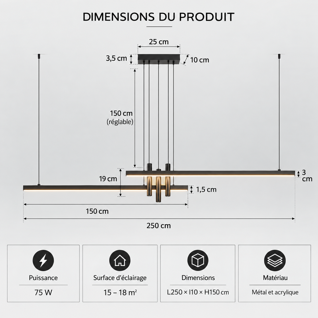 Lustre Linéaire LED Noir – 120 à 250 cm