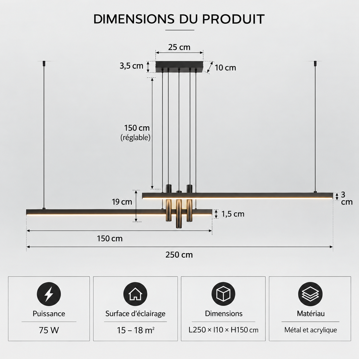 Lustre Linéaire LED Noir – 120 à 250 cm