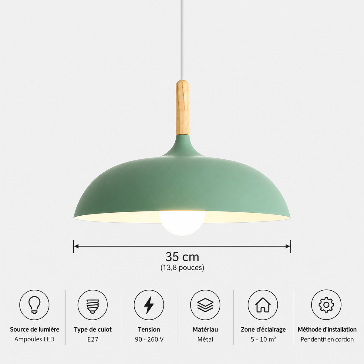 Lustre Suspendu en Bois et Métal Vert – Culot E27