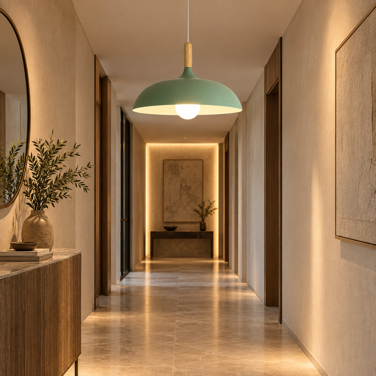 Lustre Suspendu en Bois et Métal Vert – Culot E27