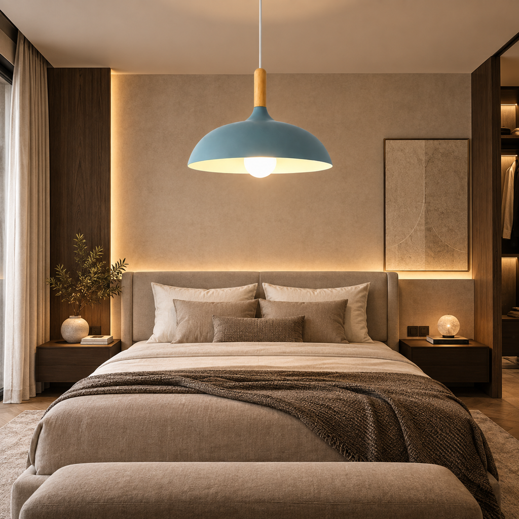 Lustre Suspendu en Bois et Métal Bleu – Culot E27