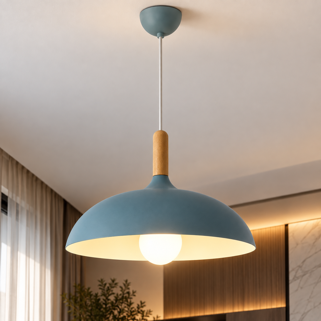 Lustre Suspendu en Bois et Métal Bleu – Culot E27