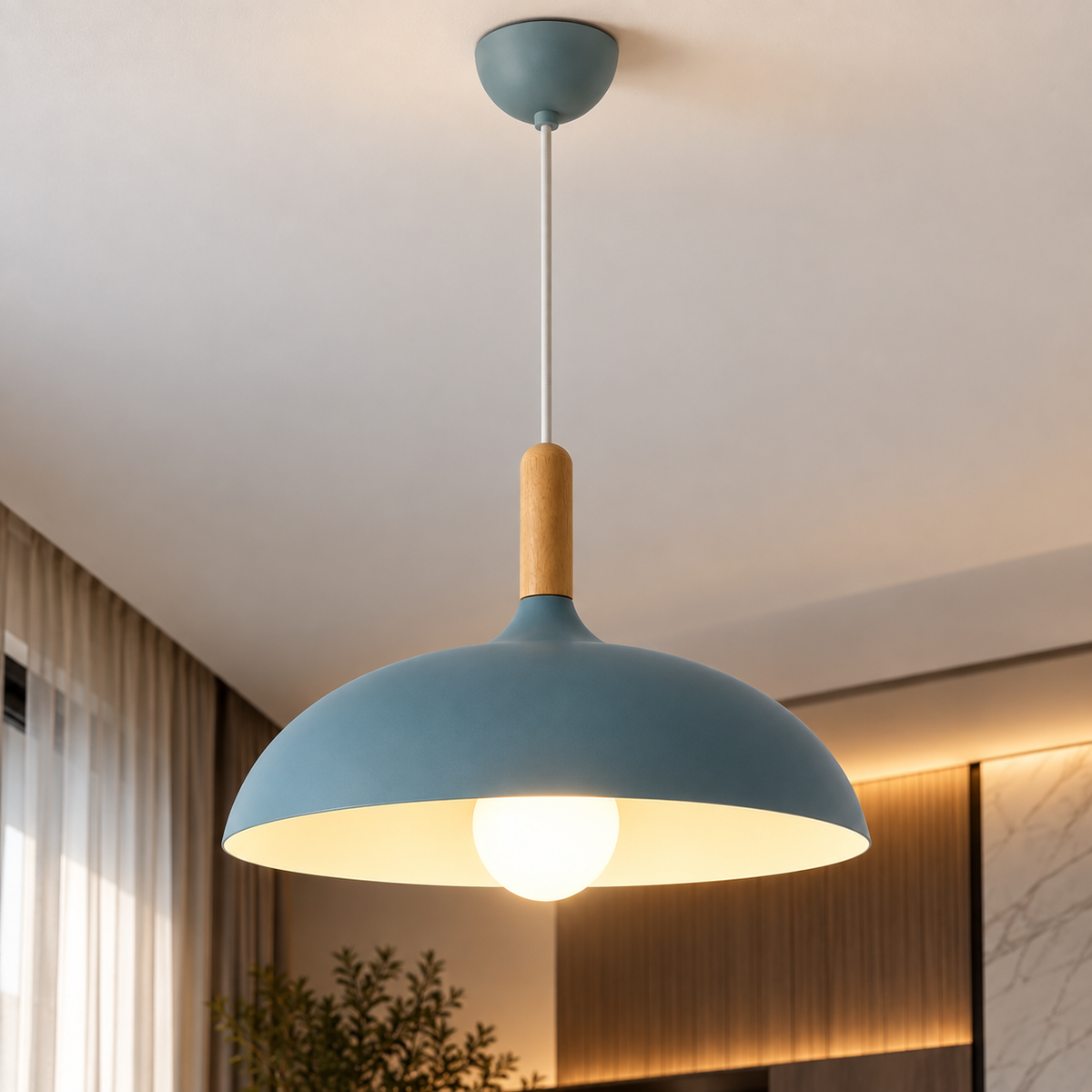 Lustre Suspendu en Bois et Métal Bleu – Culot E27