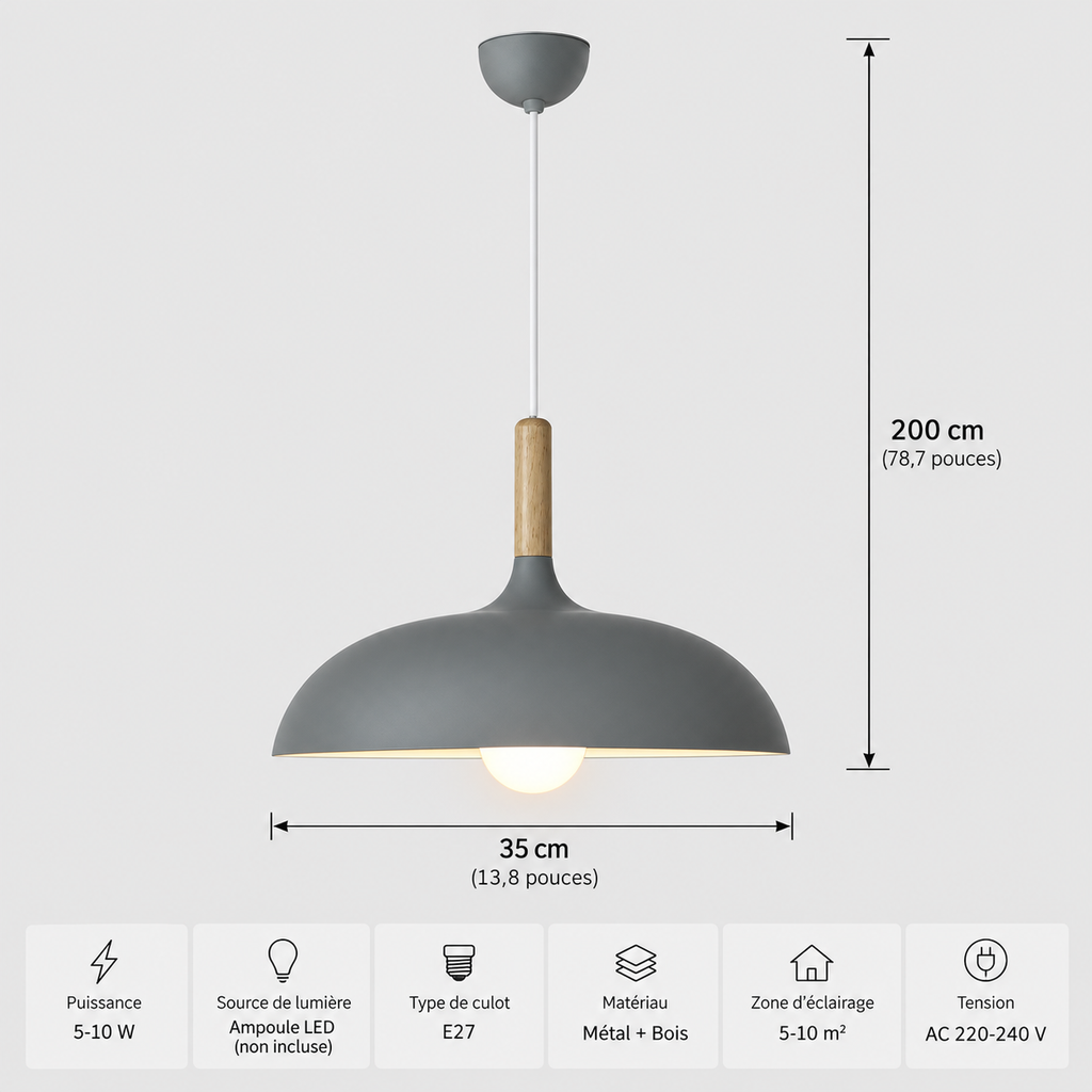 Lustre Suspendu en Bois et Métal Gris – Culot E27