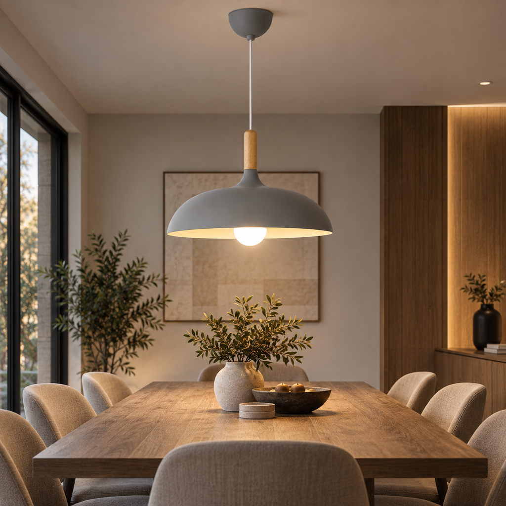 Lustre Suspendu en Bois et Métal Gris – Culot E27
