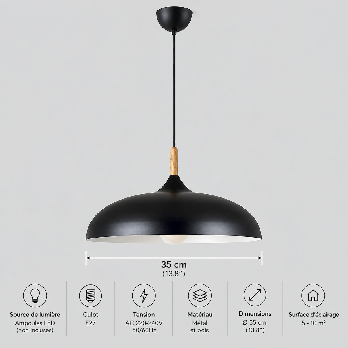 Lustre Suspendu en Bois et Métal Noir – Culot E27