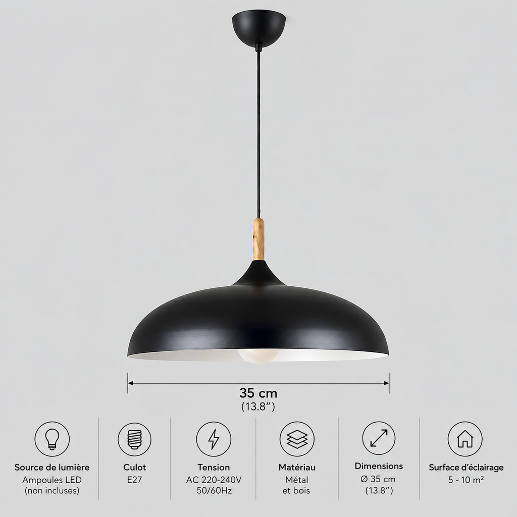 Lustre Suspendu en Bois et Métal Noir – Culot E27