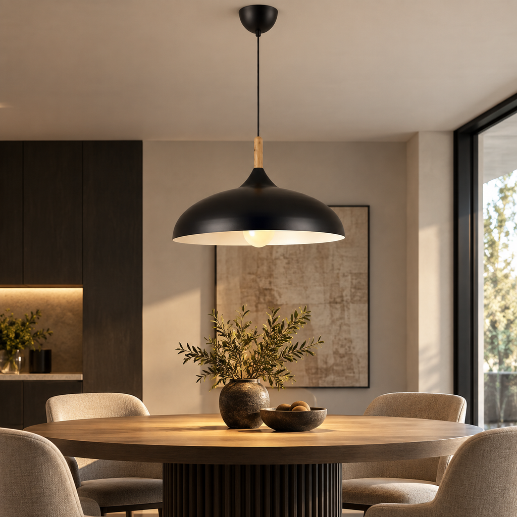 Lustre Suspendu en Bois et Métal Noir – Culot E27