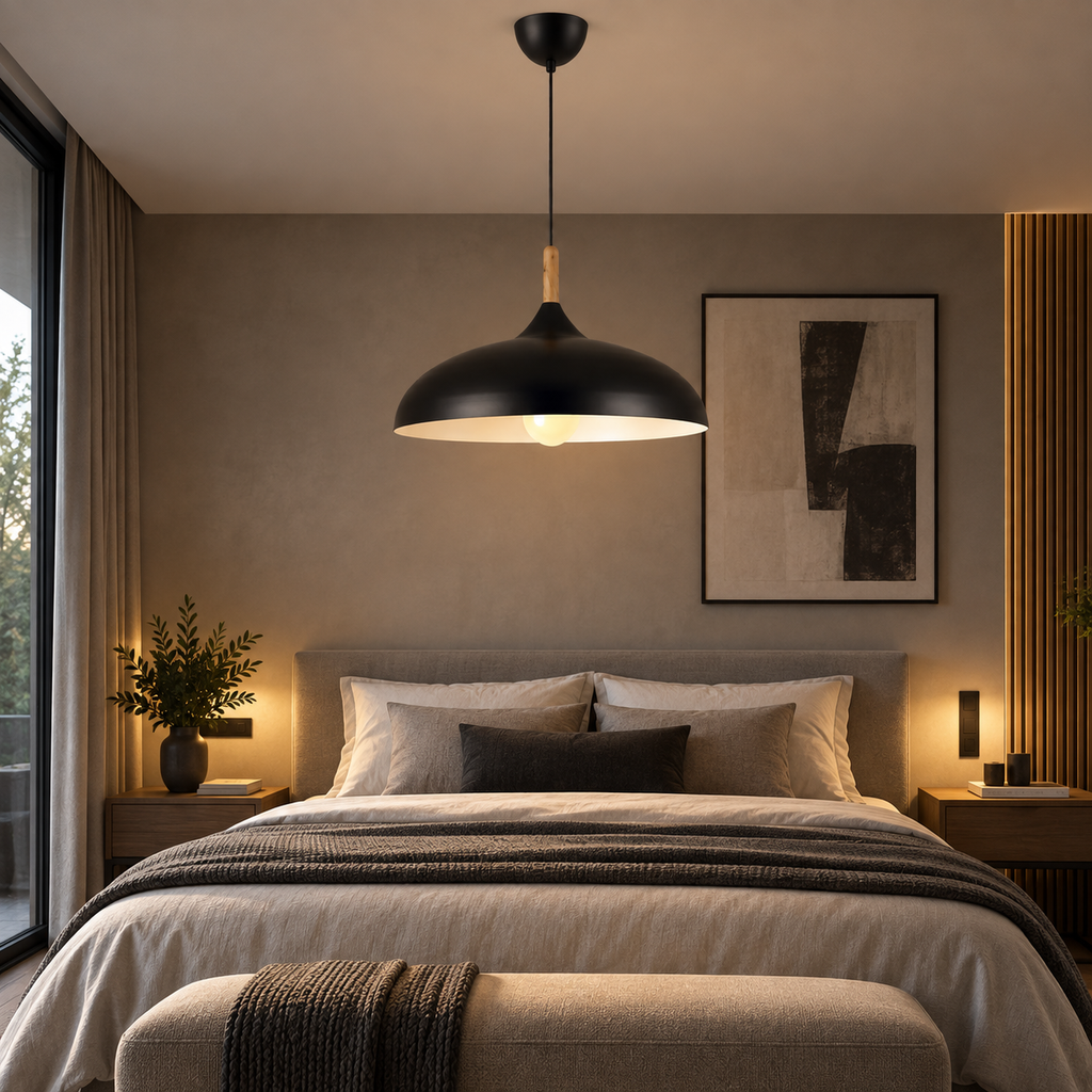 Lustre Suspendu en Bois et Métal Noir – Culot E27