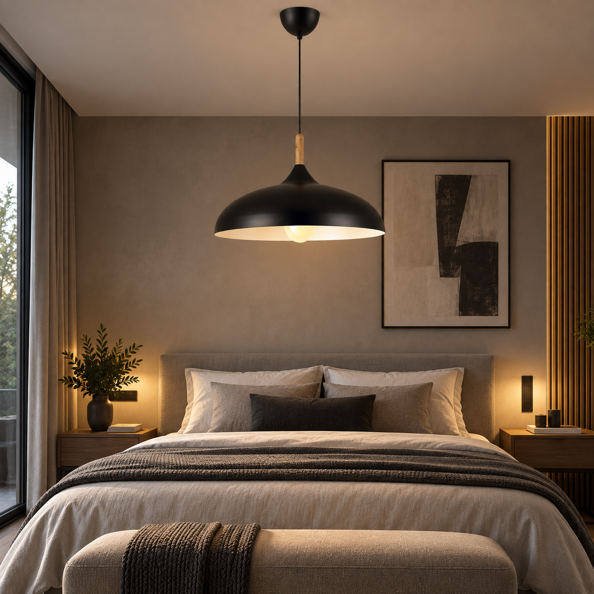 Lustre Suspendu en Bois et Métal Noir – Culot E27