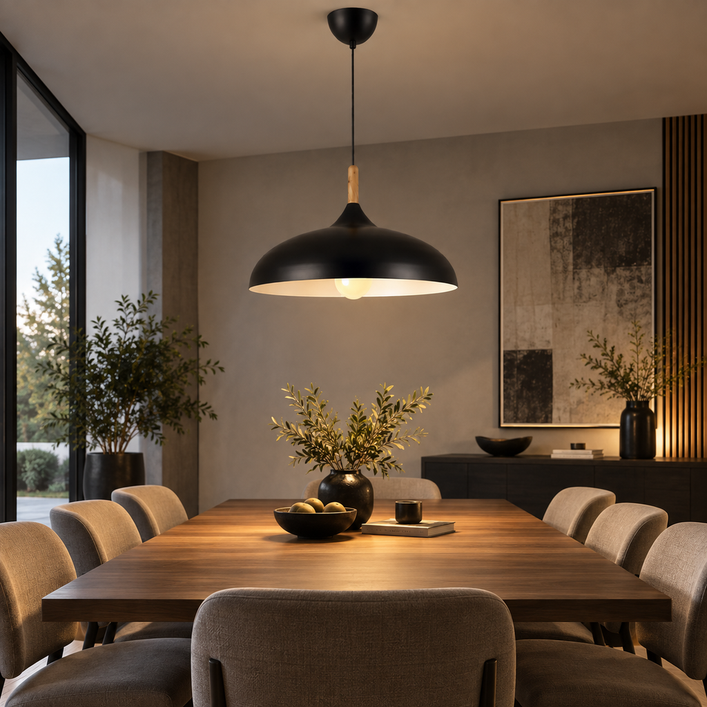 Lustre Suspendu en Bois et Métal Noir – Culot E27