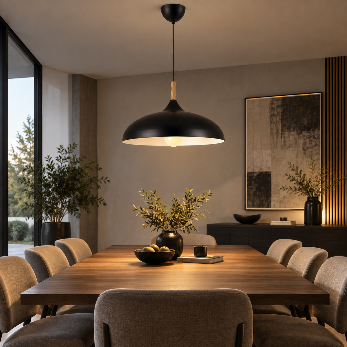 Lustre Suspendu en Bois et Métal Noir – Culot E27