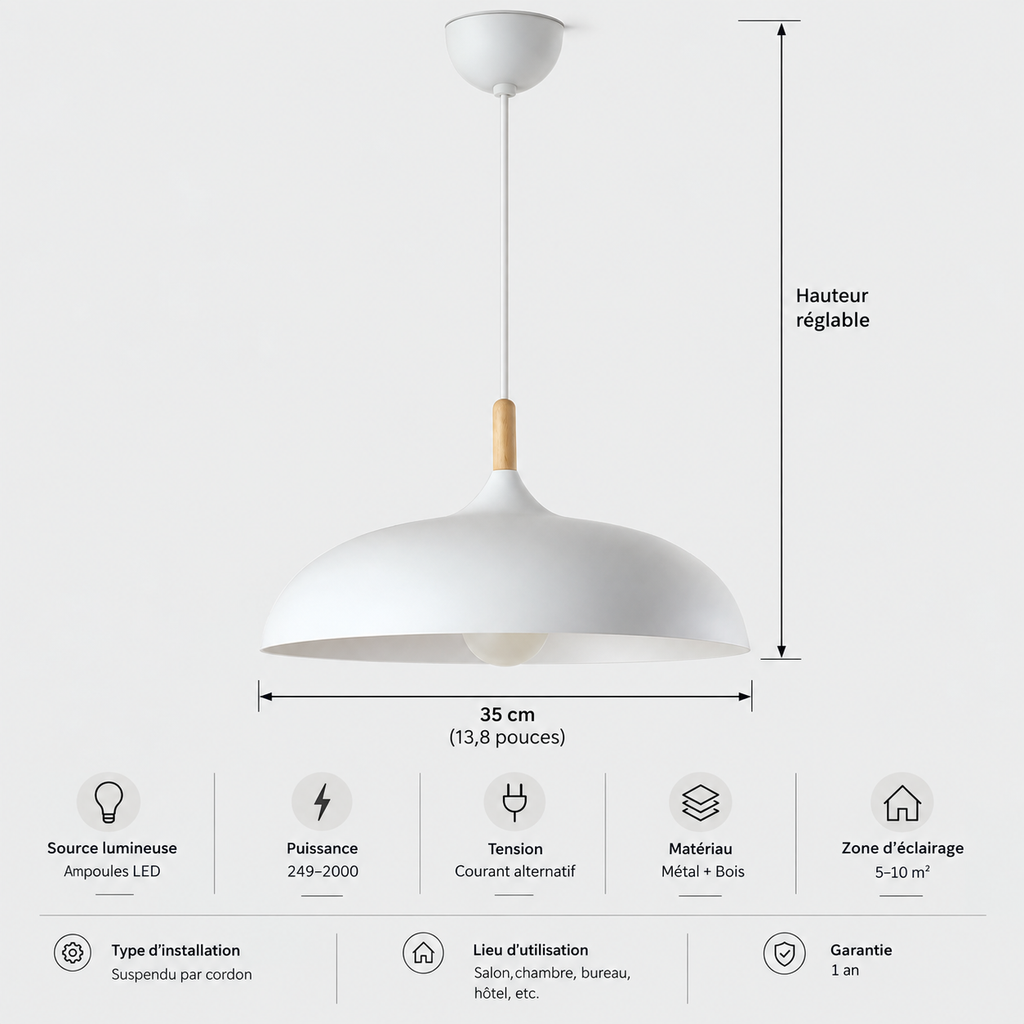 Lustre Suspendu en Bois et Métal Blanc – Culot E27