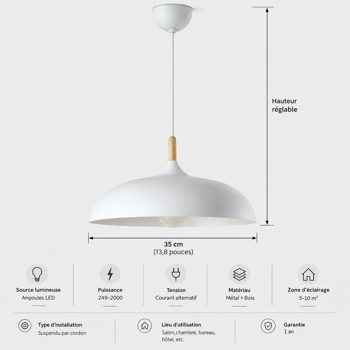 Lustre Suspendu en Bois et Métal Blanc – Culot E27