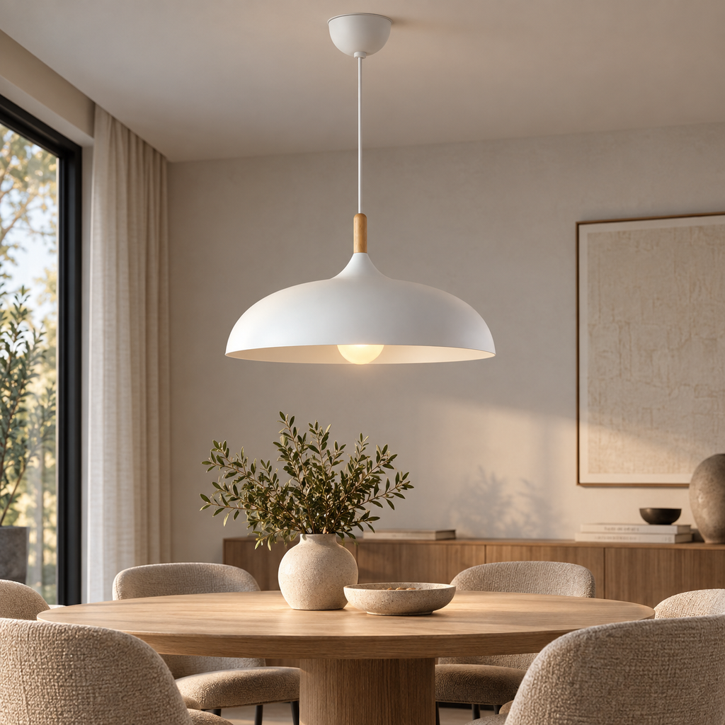 Lustre Suspendu en Bois et Métal Blanc – Culot E27