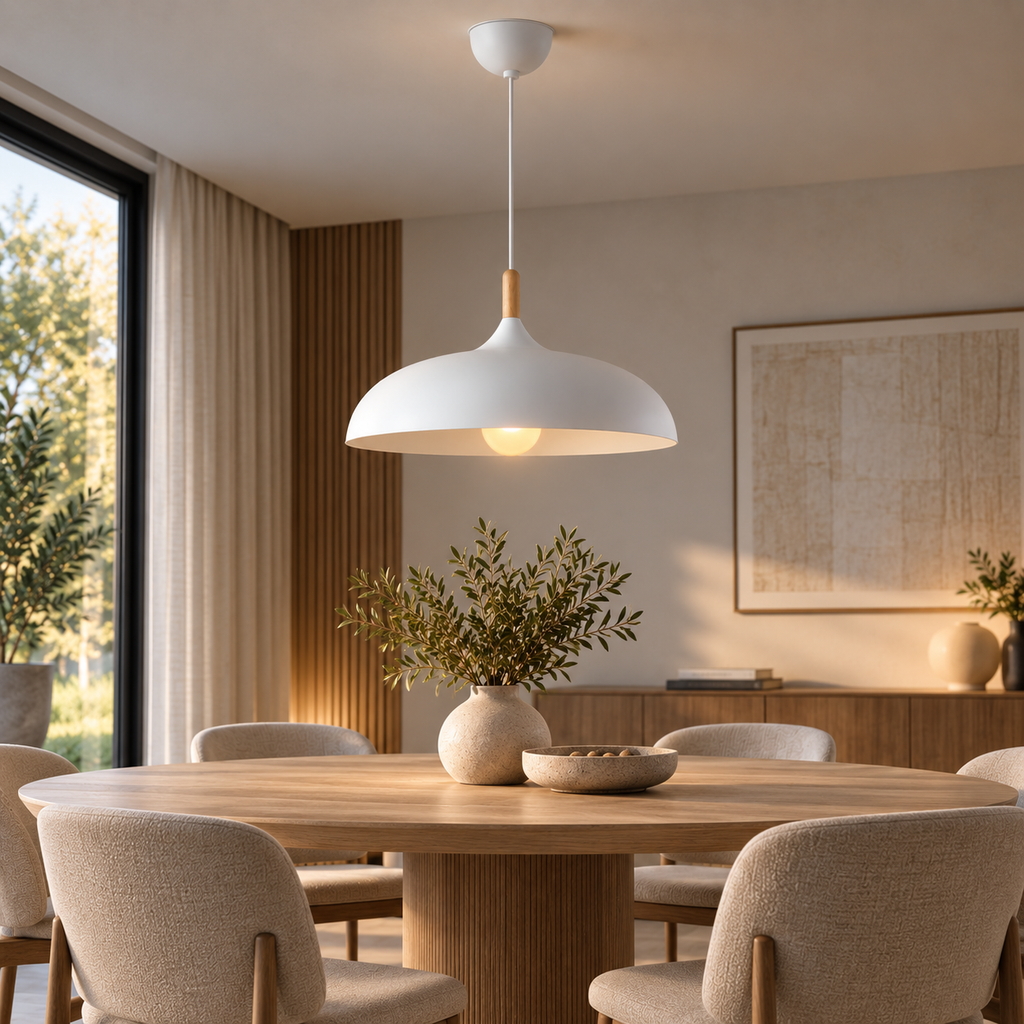 Lustre Suspendu en Bois et Métal Blanc – Culot E27