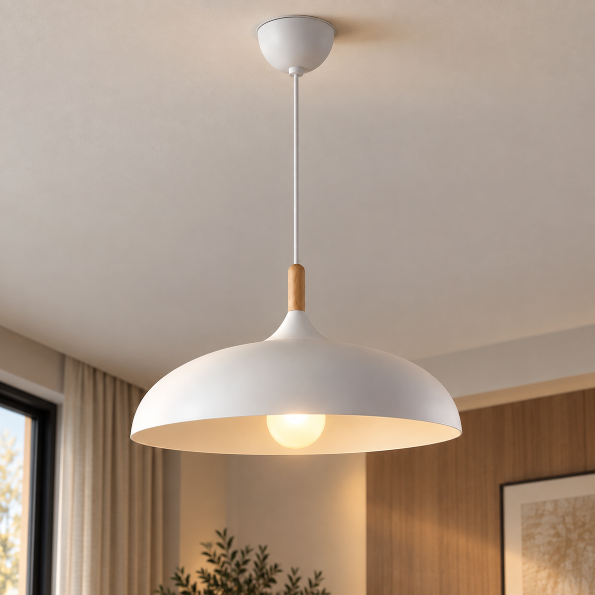 Lustre Suspendu en Bois et Métal Blanc – Culot E27