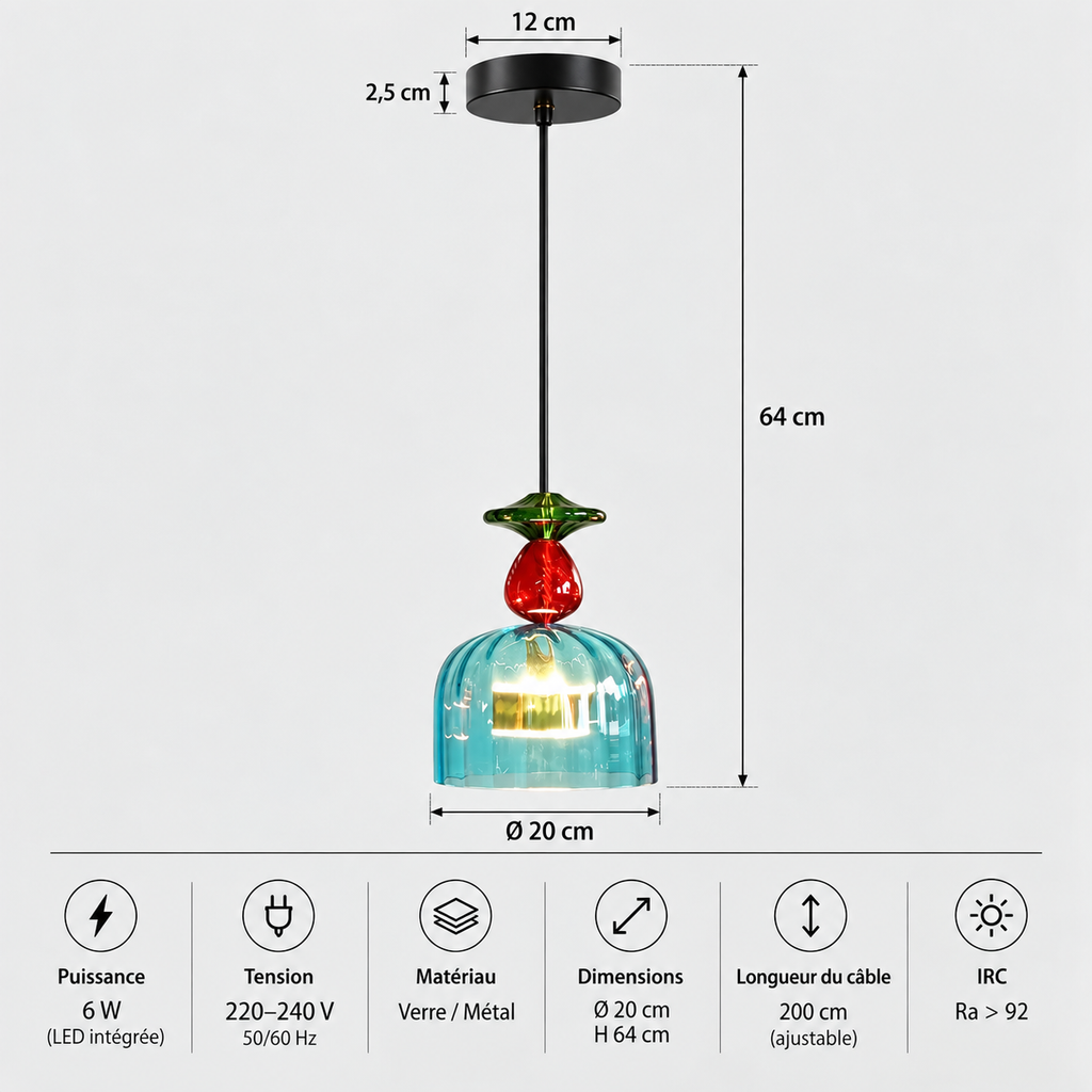Lustre Suspendu en Verre Sphère Bleu-Vert