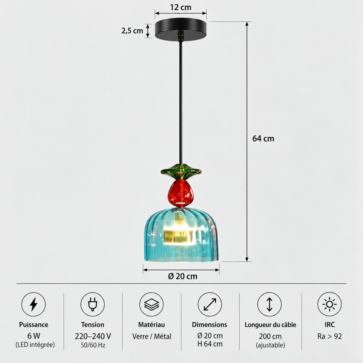 Lustre Suspendu en Verre Sphère Bleu-Vert