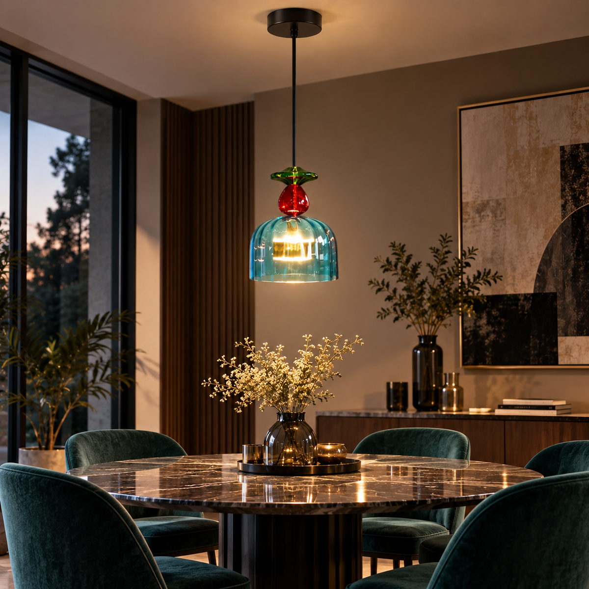 Lustre Suspendu en Verre Sphère Bleu-Vert