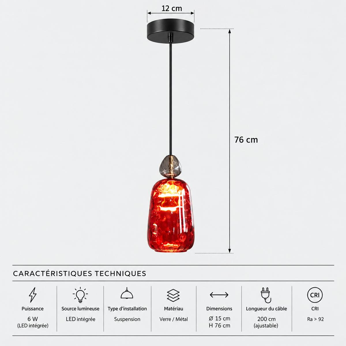 Lustre Suspendu en Verre Capsule Rouge Cramoisi