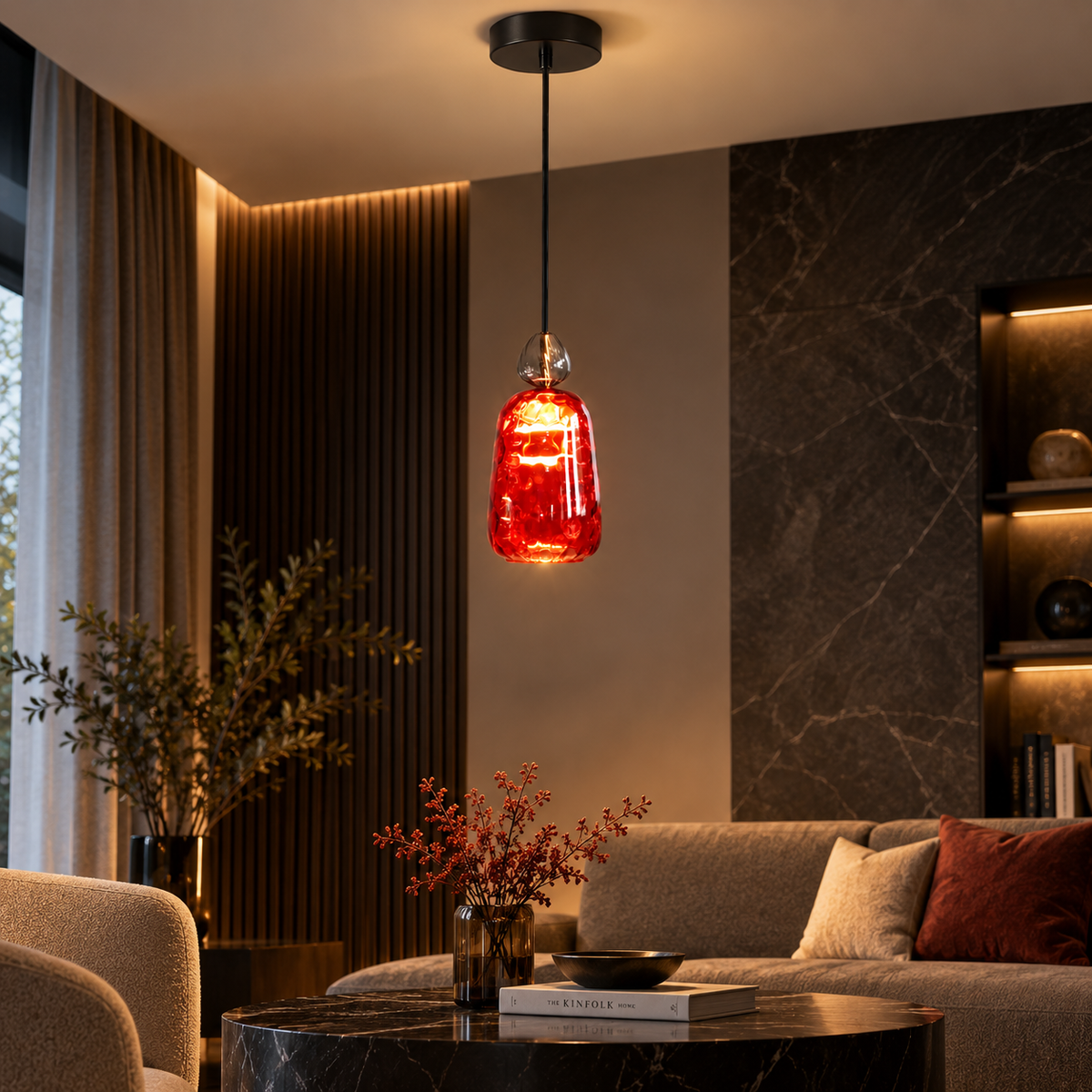 Lustre Suspendu en Verre Capsule Rouge Cramoisi