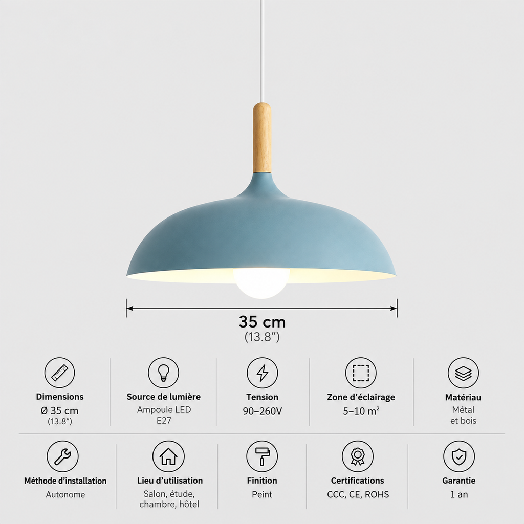 Lustre Suspendu en Bois et Métal Bleu – Culot E27