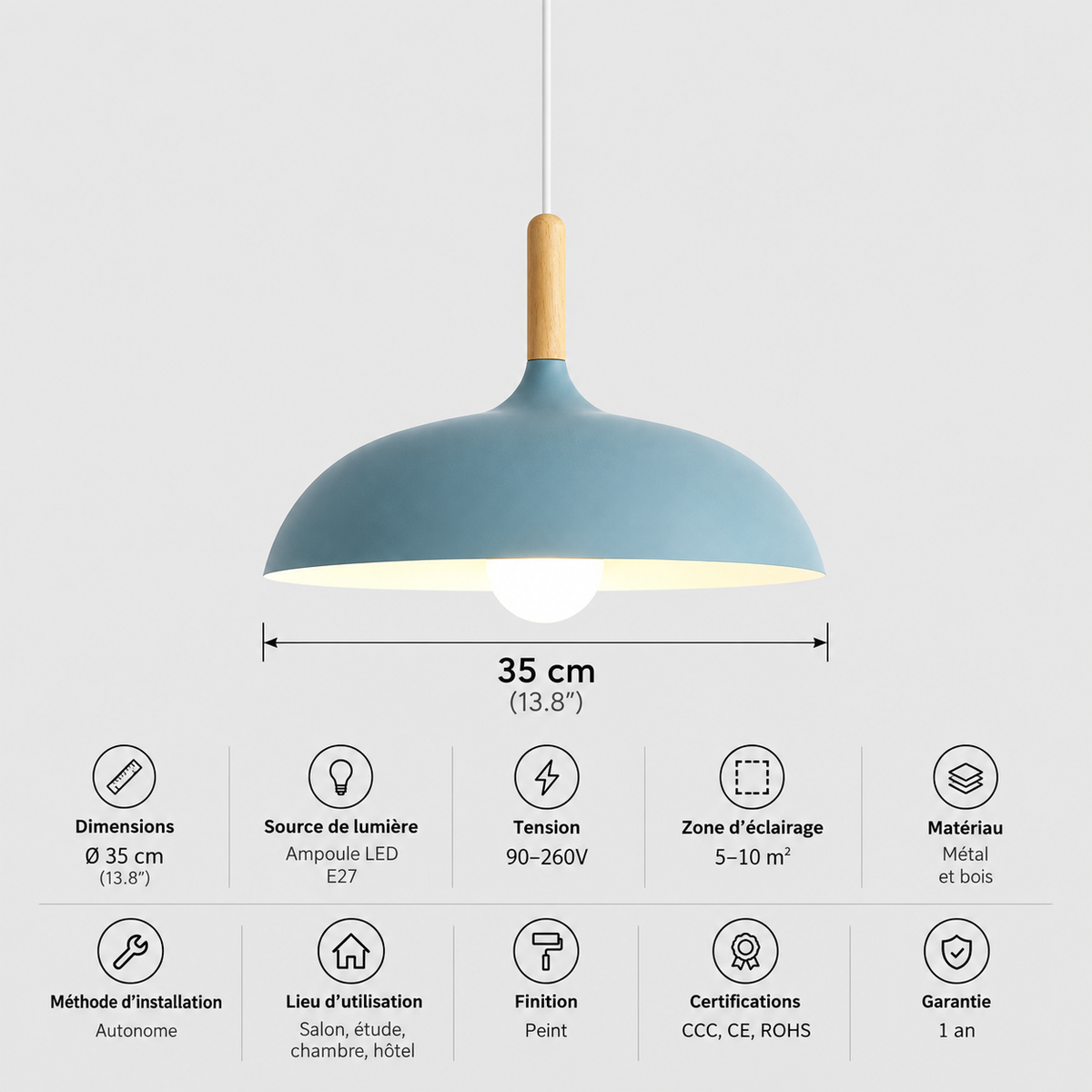 Lustre Suspendu en Bois et Métal Bleu – Culot E27
