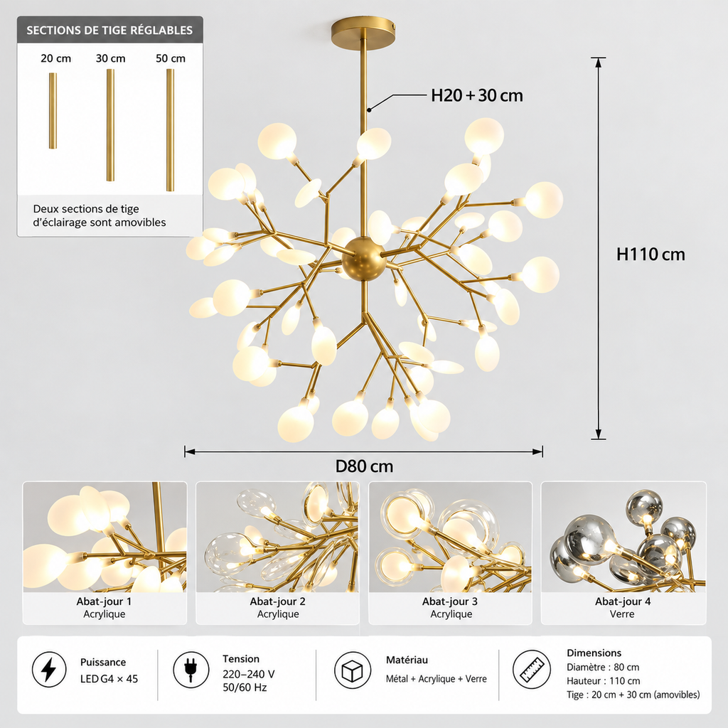 Lustre LED Doré en Boule à Branches