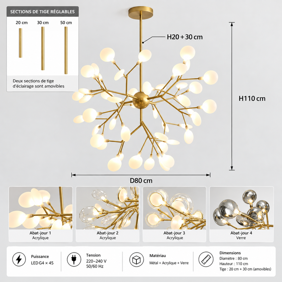 Lustre LED Doré en Boule à Branches