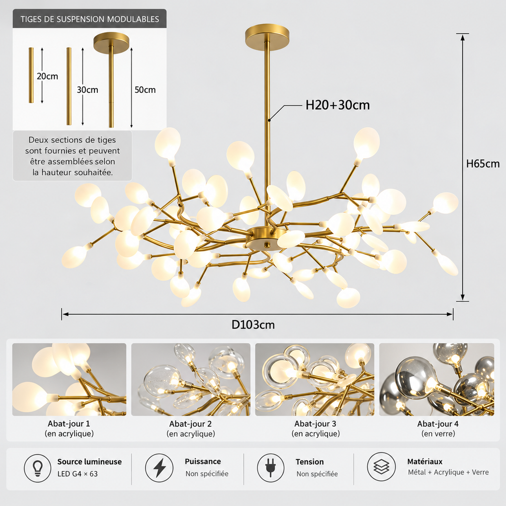 Lustre LED Doré à Branches Florales