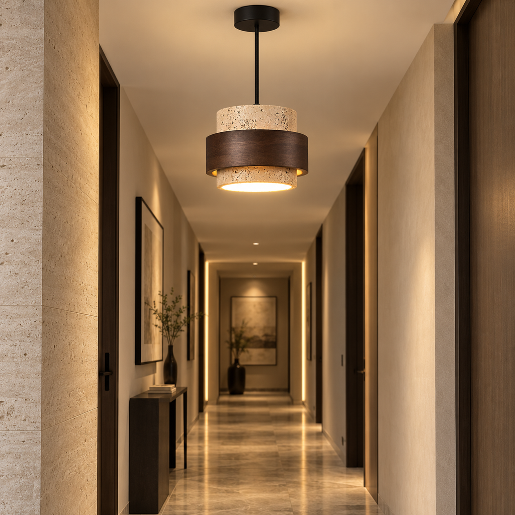 Petit Lustre LED Marron Effet Noyer – 17 cm