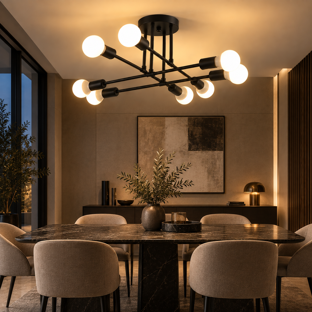 Lustre Plafonnier à Branches Noir – 8 Points Lumineux