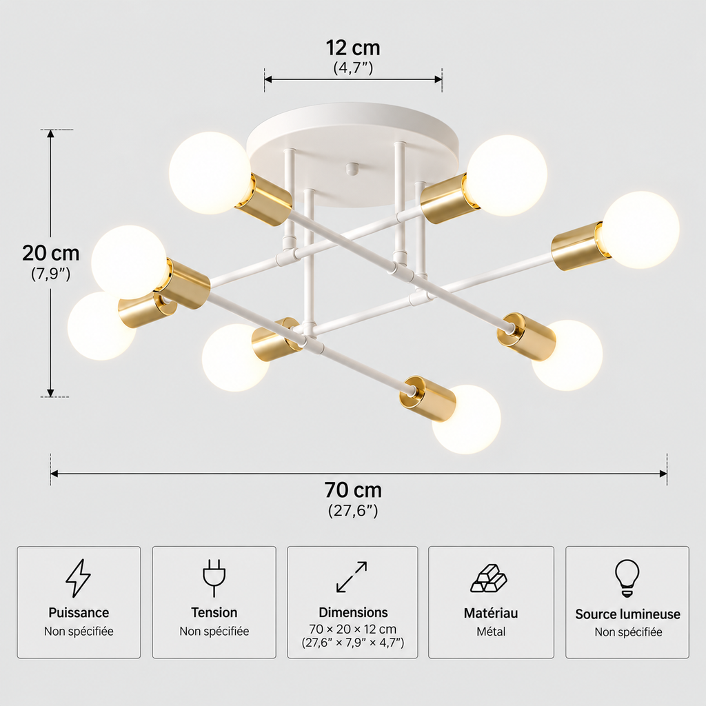 Lustre Plafonnier à Branches Blanc et doré – 8 Points Lumineux